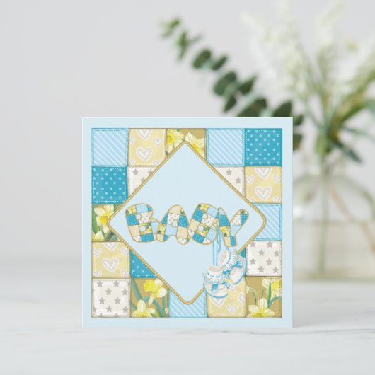 Blue Baby Booties en Patchwork Quilt Baby shower Kaart (Staand voorkant)