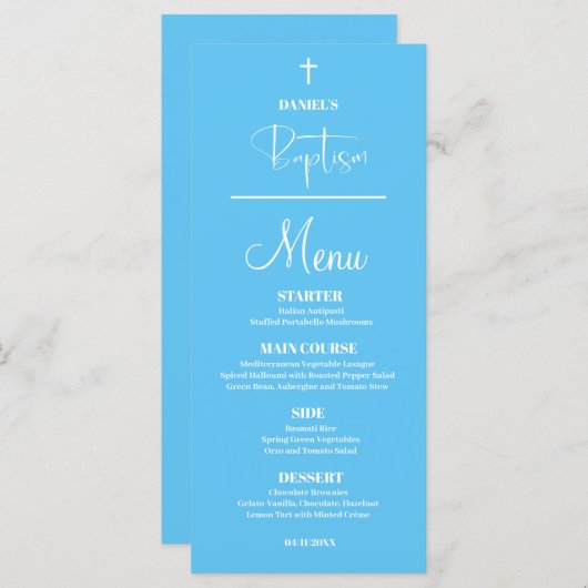 Blue Baby Boy 4x9 Baptism-menukaart Menu (Voorkant / Achterkant)
