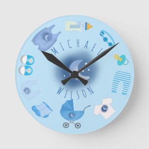 Blue Baby Boy Baby Stuffs Naam Wandklok Ronde Klok