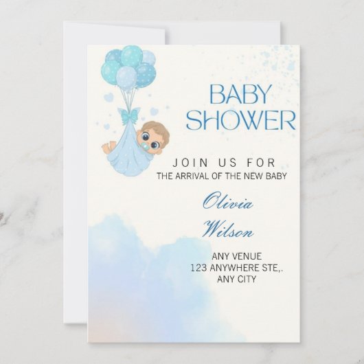 Blue Baby Boy Balloon Shower Invite Kaart (Voorkant)