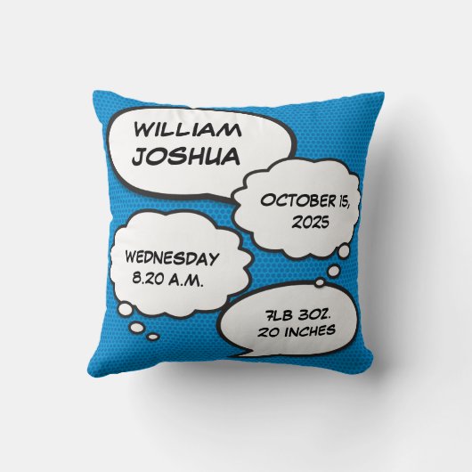 Blue Baby Boy Birth Stats Fun Comic Book Keepsake Kussen (Achterkant)