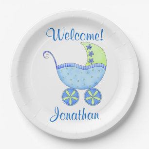 Blue Baby Boy Buggy Welkomstnaam Gepersonaliseerd Papieren Bordje