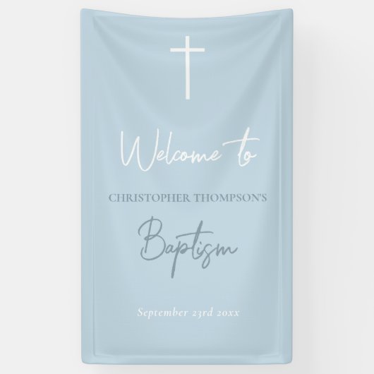 Blue Baby Boy Calligraphy Baptism Welcome Sign Spandoek (Verticaal)