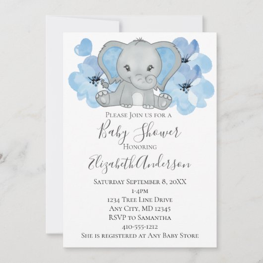 Blue Baby Boy Elephant Baby shower Flowers ballon Kaart (Voorkant)