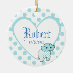 Blue Baby Boy Elephant Heart en Polka Dots Keramisch Ornament