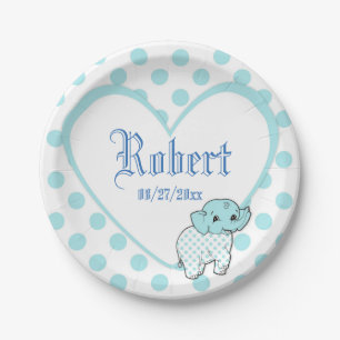 Blue Baby Boy Elephant Heart en Polka Dots Papieren Bordje
