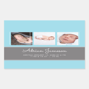 Blue Baby Boy Newborn Foto Collage Aankondiging Rechthoekige Sticker