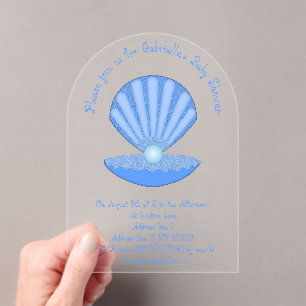Blue Baby Boy Oyster shell en Pearl Baby shower Acryl Uitnodigingen