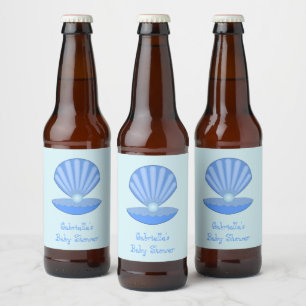 Blue Baby Boy Oyster shell en Pearl Baby shower Bier Etiket
