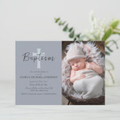 Blue Baby Boy Photo Baptême Cross Invitation (Debout devant)