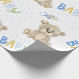 Blue Baby Boy Teddy Bear Waterverf Baby shower Cadeaupapier