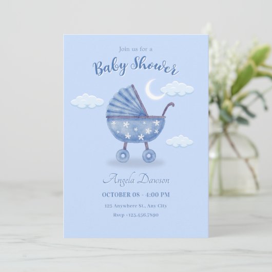 Blue baby Carriage baby shower Kaart (Staand voorkant)