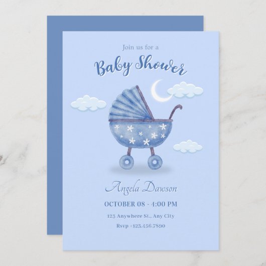 Blue baby Carriage baby shower Kaart (Voorkant / Achterkant)