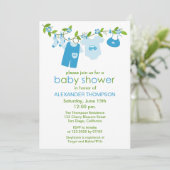 Blue Baby Clothesline Baby Shower Invitations Kaart (Staand voorkant)