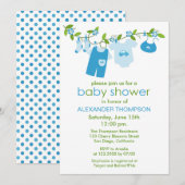 Blue Baby Clothesline Baby Shower Invitations Kaart (Voorkant / Achterkant)