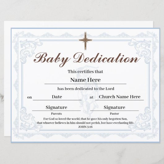Blue Baby Dedication Certificate (Voorkant / Achterkant)
