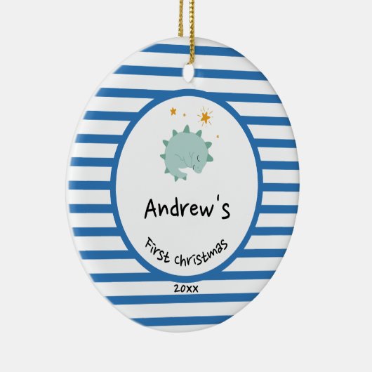 Blue Baby Dino | Eerste kerstblauwe striptekening Keramisch Ornament (Rechts)