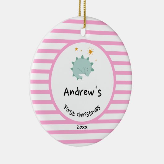 Blue Baby Dino | Eerste kerstroze stripper Keramisch Ornament (Rechts)