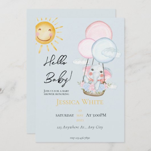 Blue Baby Elephant Theme Baby shower Invitation Kaart (Voorkant / Achterkant)