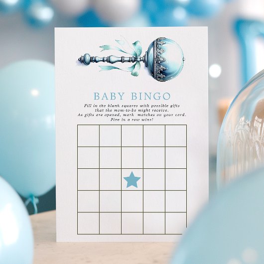 Blue Baby Rattle Boy Baby shower Bingo Game Kaart