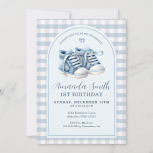 Blue Baby Shoes Boy Plaid Arch Eerste Verjaardag Kaart
