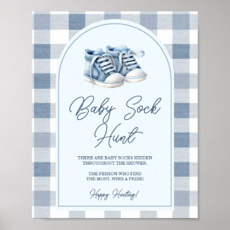Blue Baby Shoes Gingham Baby Shower Baby Sock Hunt Poster