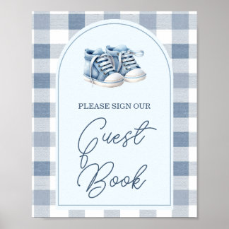 Blue Baby Shoes Gingham Baby Shower Guest Book Poster