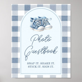 Blue Baby Shoes Gingham Boy Shower Photo Guestbook Poster
