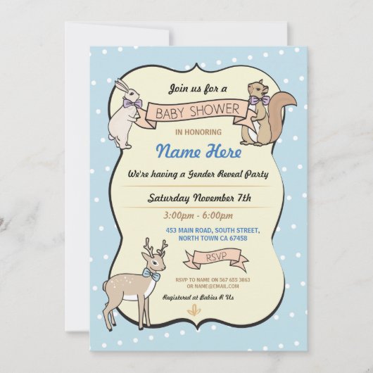 Blue Baby shower Boy Deer Polka Dot Invitation Kaart (Voorkant)