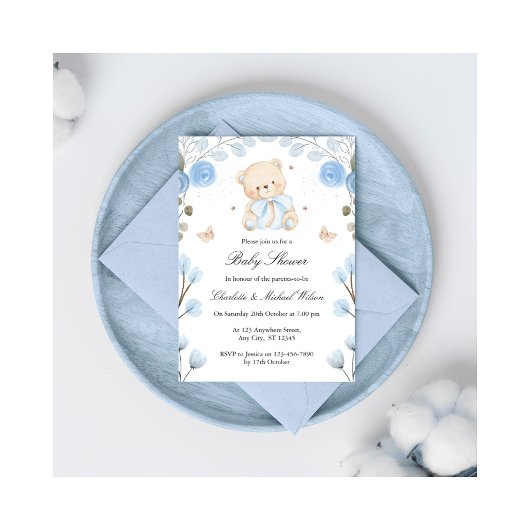 Blue Baby shower Boy Teddy Bear Uitnodiging