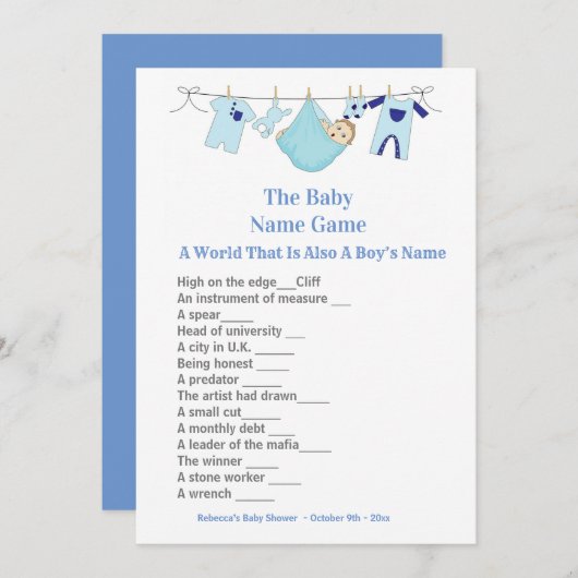 Blue Baby shower Guessing Game Invitation Kaart (Voorkant / Achterkant)