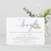 Blue Baby Shower Invitation with Sailboat & Stripe (Debout devant)