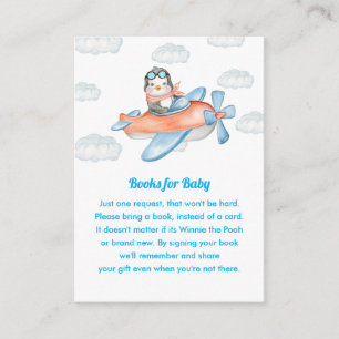 Blue Baby shower Penguin Animal Pilot Book Request Informatiekaartje
