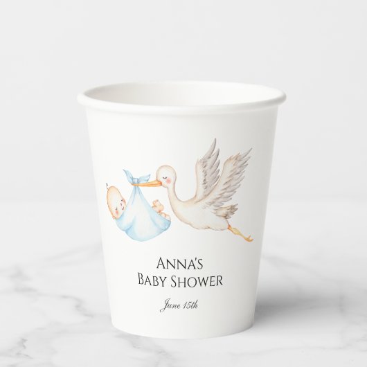 Blue Baby Stork Baby shower Papieren Bekers (Voorkant)