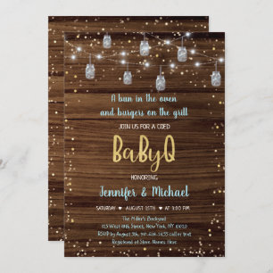 Blue BabyQ Rustic String Lights BBQ Baby shower Kaart