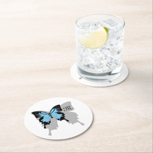 Blue Backed Butterfly Shadow Monogram Ronde Kartonnen Onderzetter