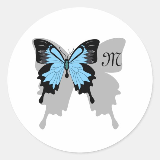 Blue Backed Butterfly Shadow Monogram Ronde Sticker (Voorkant)