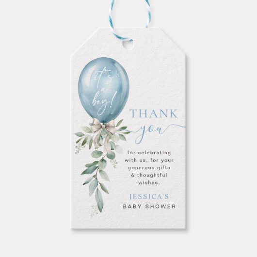 Blue Balloon Bow Greenery Baby Shower Thank You Cadeaulabel (Voorkant)