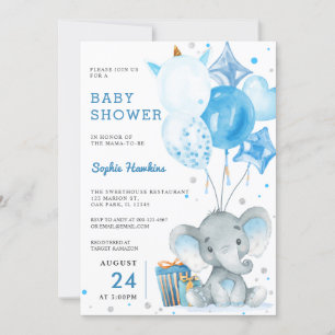 Blue Balloon Boy Silver Elephant Baby shower Kaart