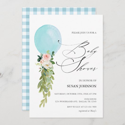 Blue Balloon Calligraphy Script Baby shower Kaart (Voorkant / Achterkant)