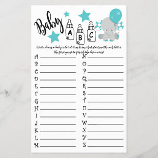BLUE BALLOON ELEPHANT ABC BABY SHOWER GAME KAART