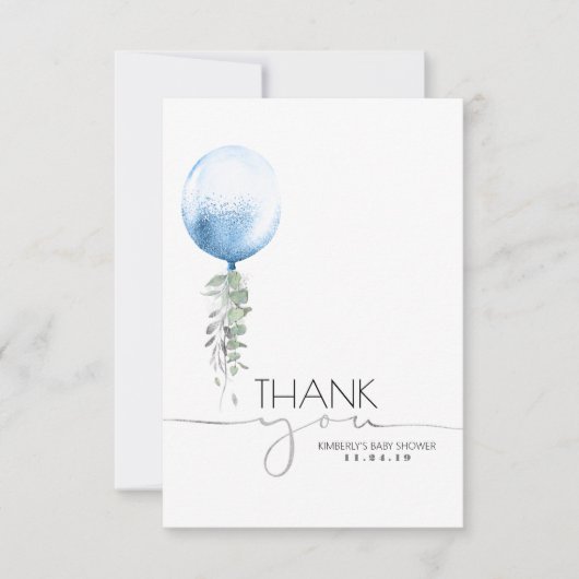Blue Balloon Greenery Baby shower Hartelijk dank Bedankkaart (Voorkant)