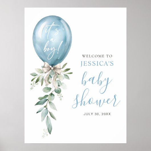 Blue Balloon Greenery Baby Shower Welcome Poster (Voorkant)
