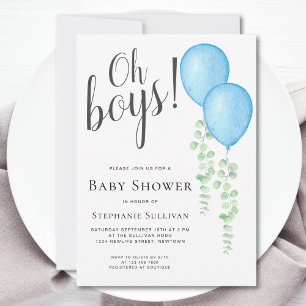 Blue Balloon Oh Boys Twins Baby shower Kaart
