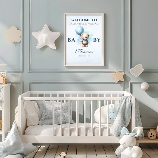 Blue Balloon Teddy Bear Boy Baby shower Poster