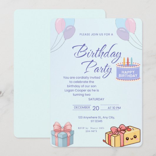 Blue Balloons and Gifts Birthday Invitation - Cust (Devant / Derrière)