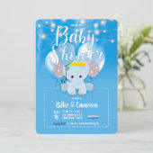 Blue Balloons Baby Elephant Script Baby shower Kaart (Staand voorkant)