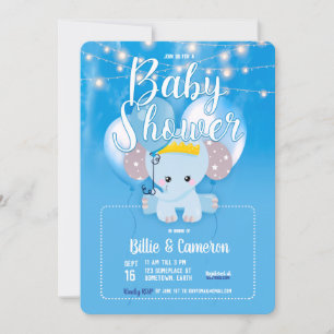 Blue Balloons Baby Elephant Script Baby shower Kaart