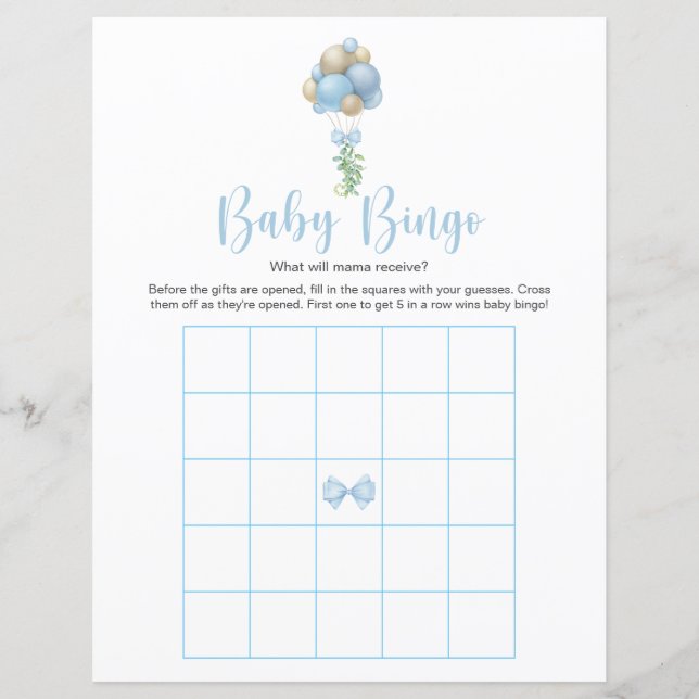 Blue Balloons Baby shower Bingo spel (Voorkant)