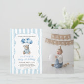 Blue Balloons Teddy Bear Birthday Invitation  (Debout devant)